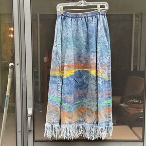 Hand Painted Colorful Denim Fringe Skirt, Size L